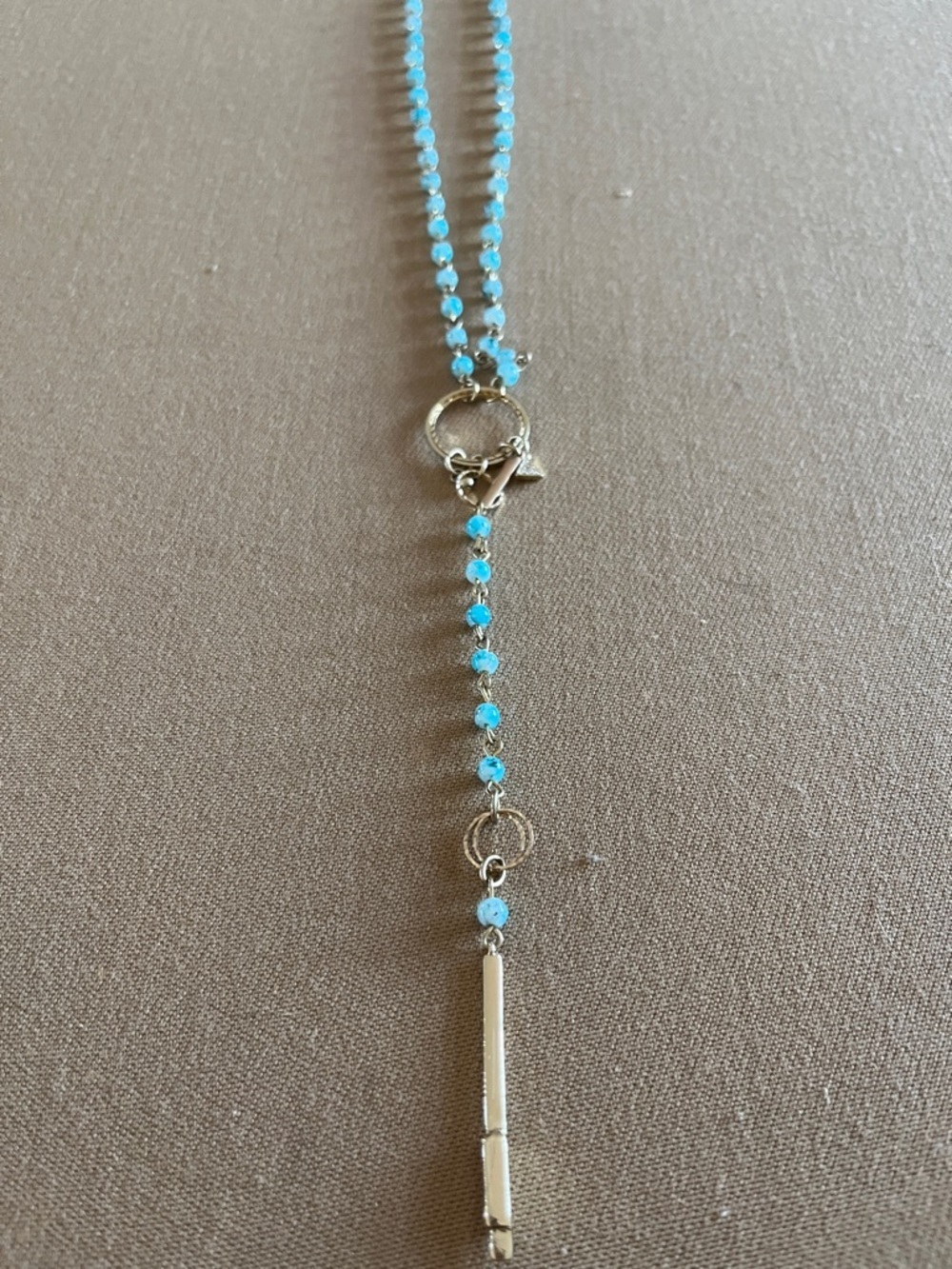 Express dainty turquoise bead long necklace with charms.